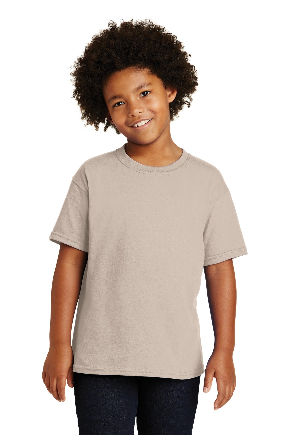 Front View of Sand Gildan - Youth Heavy Cotton 100% Cotton T-Shirt. 5000B