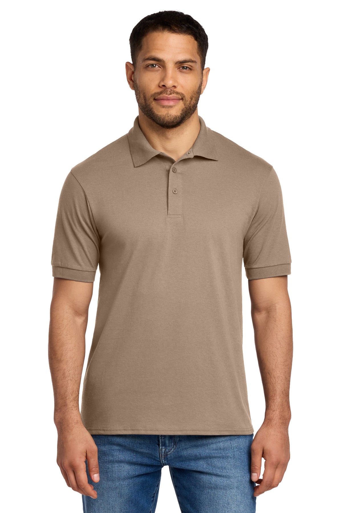 Front View of Sand Port & Co Core Blend Jersey Knit Polo. KP55