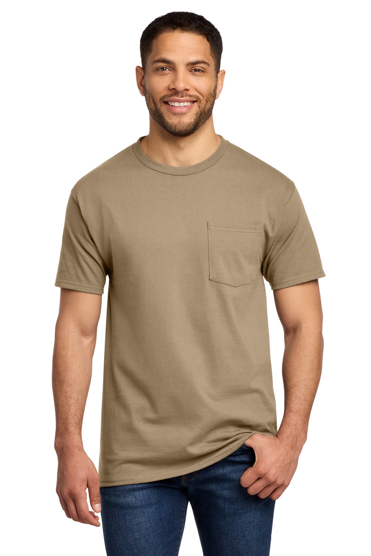 Front View of Sand Port & Co Essential Pocket Tee. PC61P