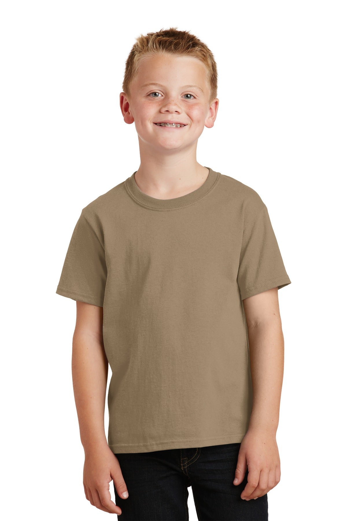 Front View of Sand Port & Co Youth Core Cotton Tee. PC54Y