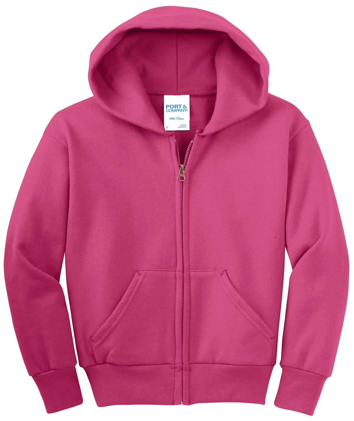 Front View of Sangria Port & Co Youth Core Fleece Full-Zip Hooded Sweatshirt. PC90YZH
