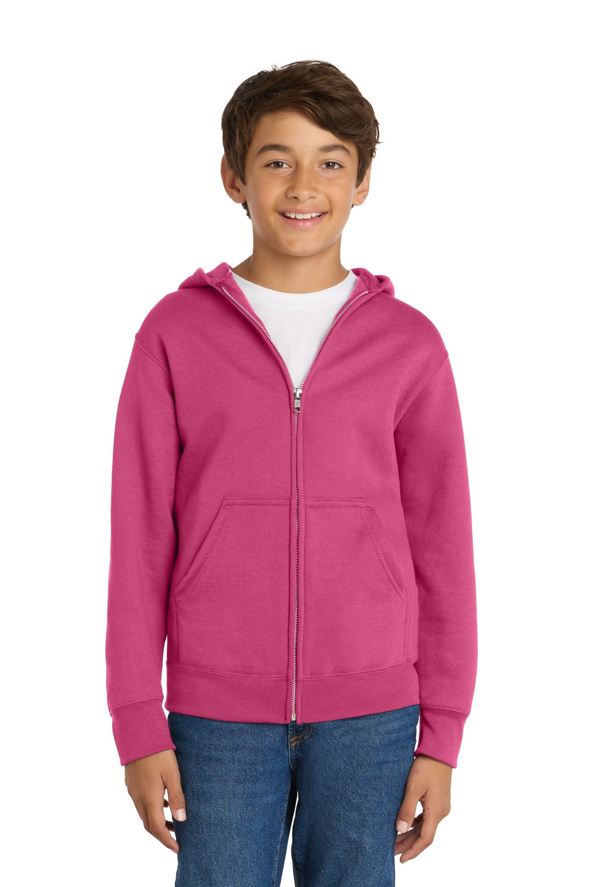 Front View of Sangria Port & Co Youth Core Fleece Full-Zip Hooded Sweatshirt. PC90YZH