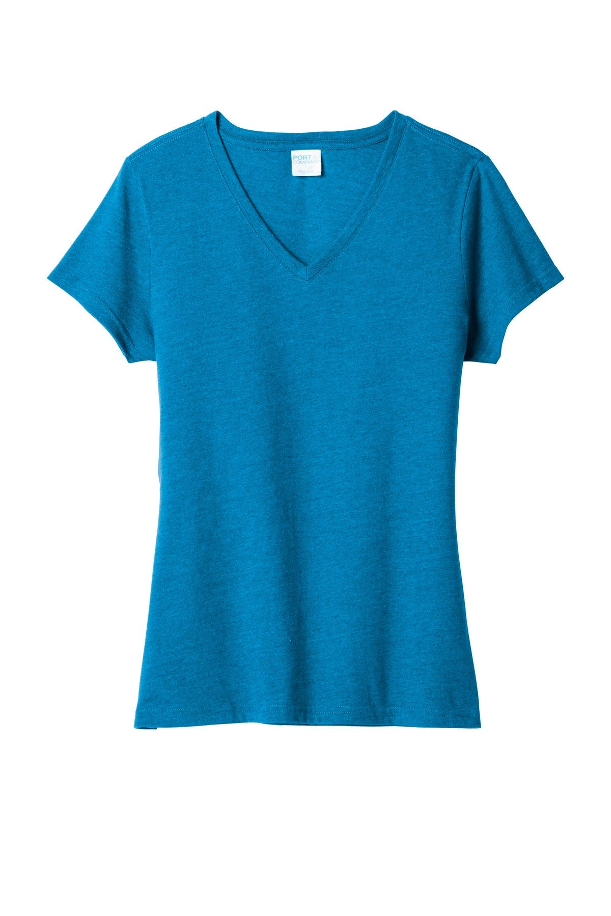 Front View of Sapphire Hthr Port & Co Women's Fan Favorite Blend V-Neck Tee. LPC455V