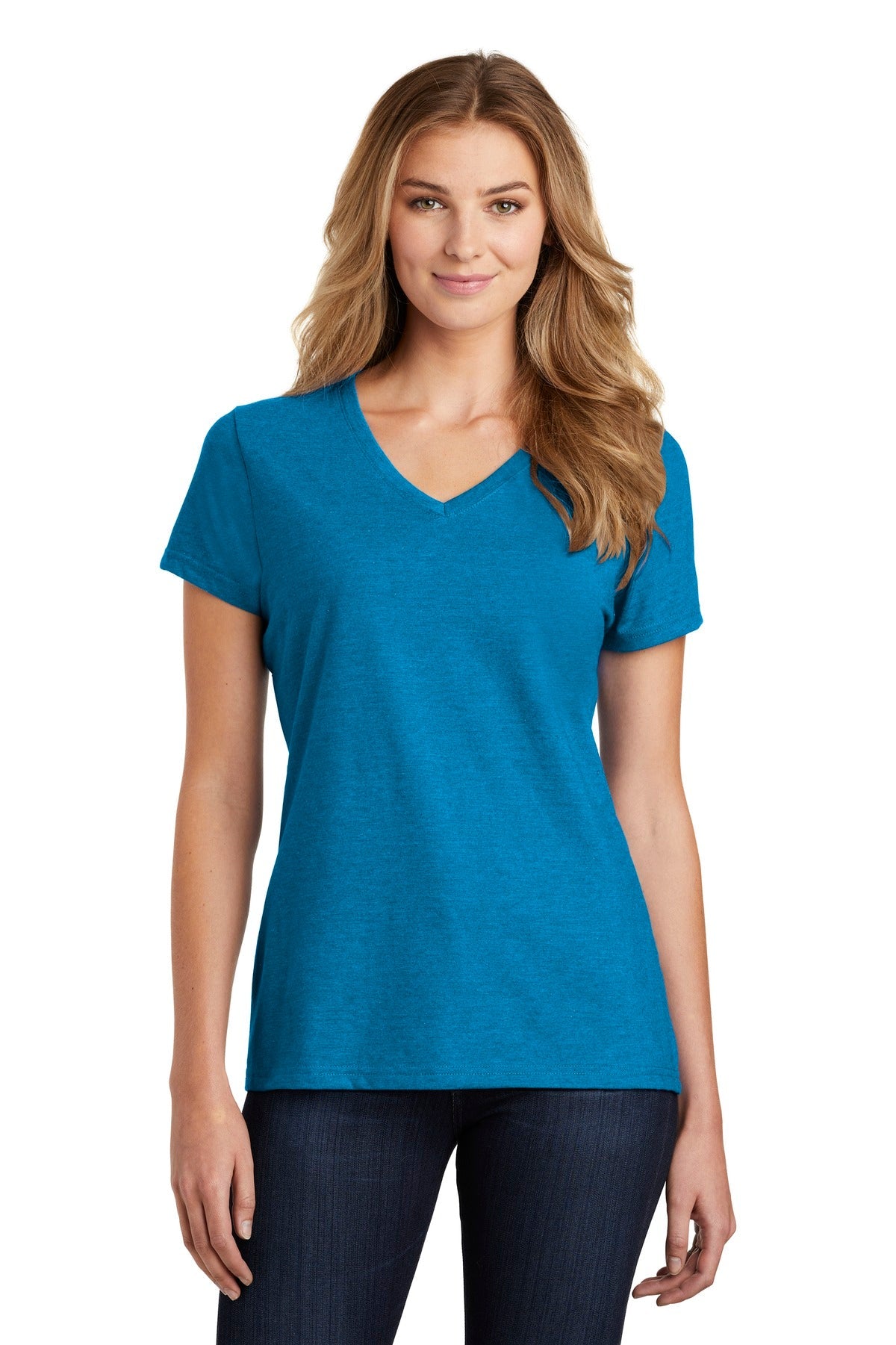 Front View of Sapphire Hthr Port & Co Women's Fan Favorite Blend V-Neck Tee. LPC455V