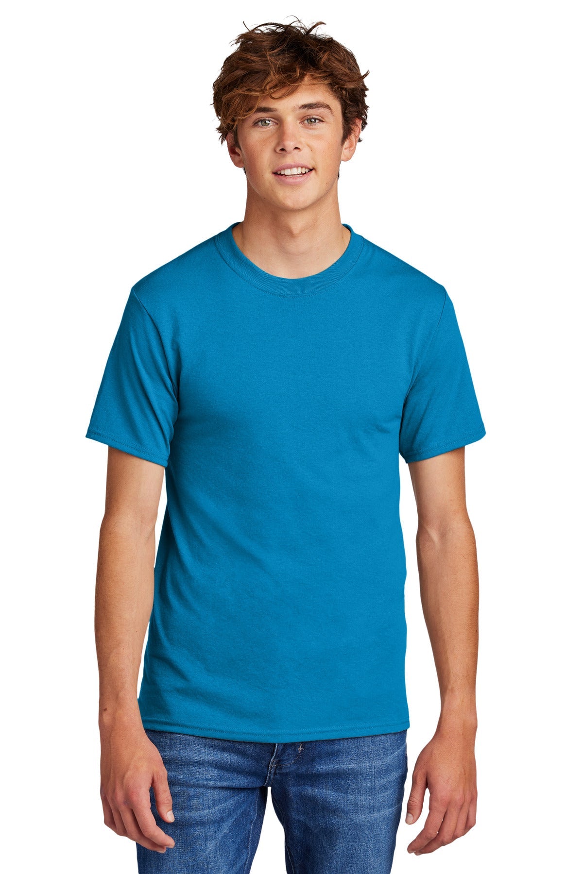 Front View of Sapphire Port & Co Core Blend Tee. PC55
