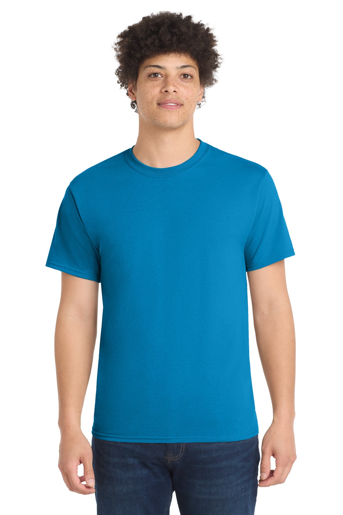 Front View of Sapphire Port & Co Tall Core Blend Tee. PC55T