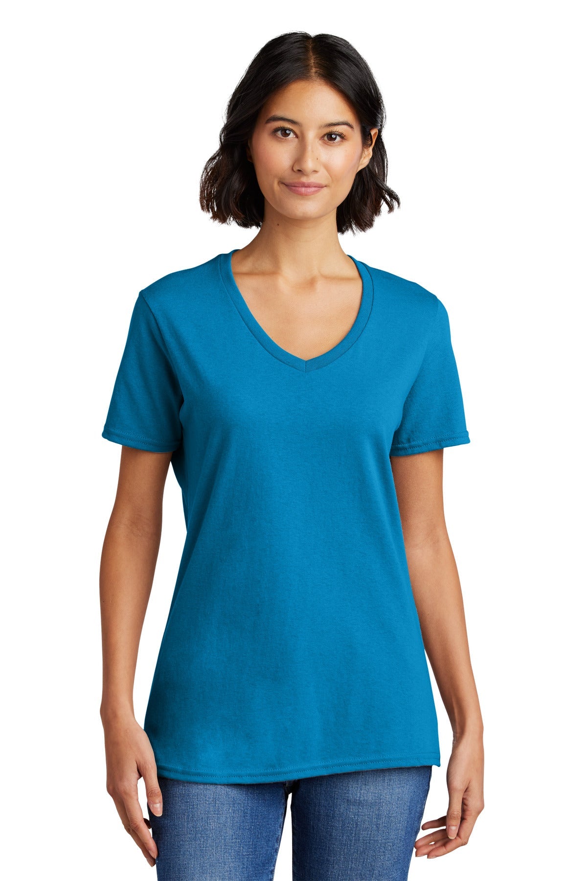 Front View of Sapphire Port & Co Women's Core Cotton V-Neck Tee. LPC54V