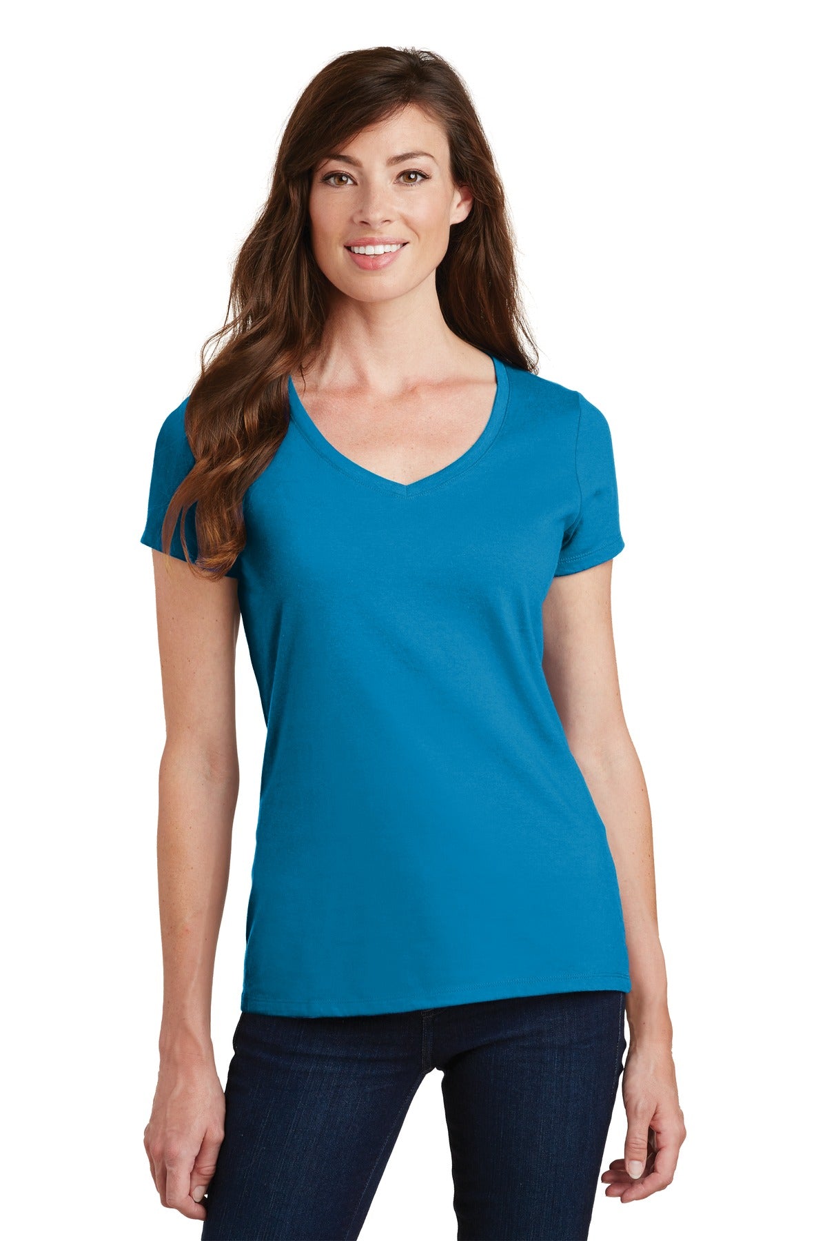 Front View of Sapphire Port & Co Women's Fan Favorite V-Neck Tee. LPC450V
