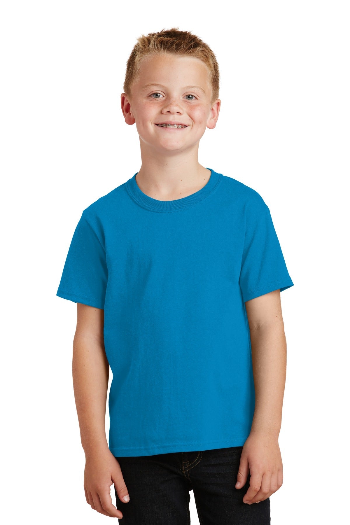 Front View of Sapphire Port & Co Youth Core Cotton Tee. PC54Y