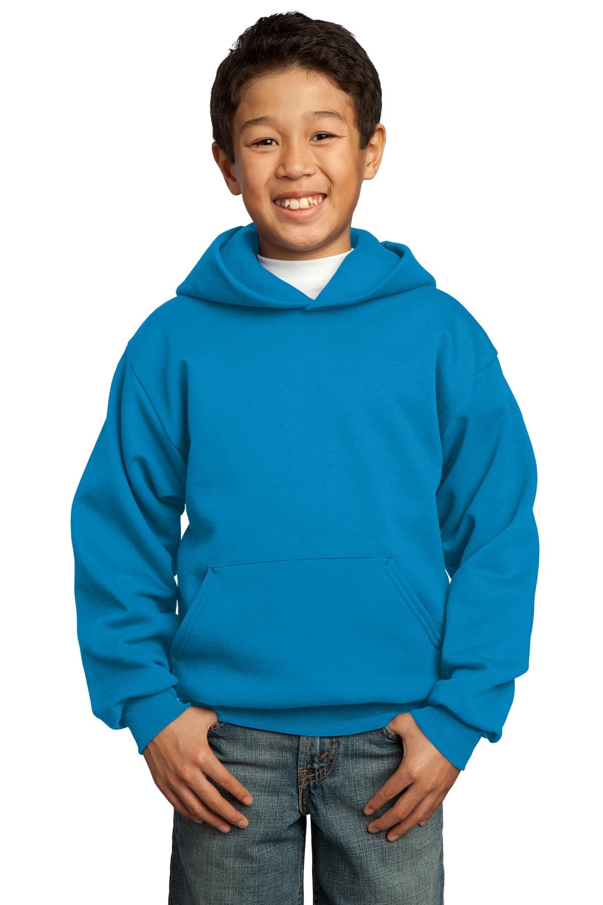 Front View of Sapphire Port & Co Youth Core Fleece Pullover Hooded Sweatshirt. PC90YH