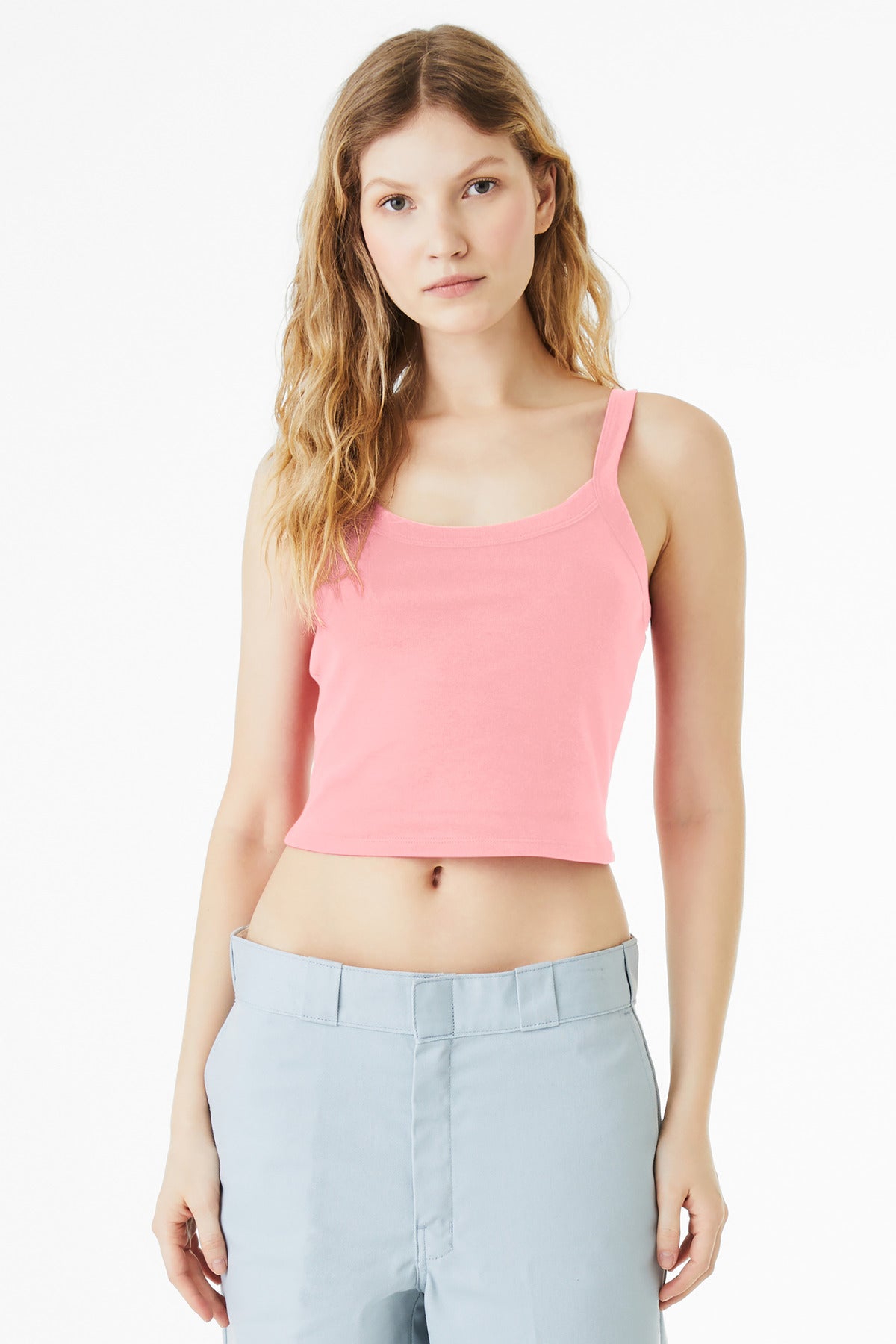 Front View of SdPnkBlend BELLA+CANVAS Women's Micro Rib Spaghetti Strap Tank BC1012