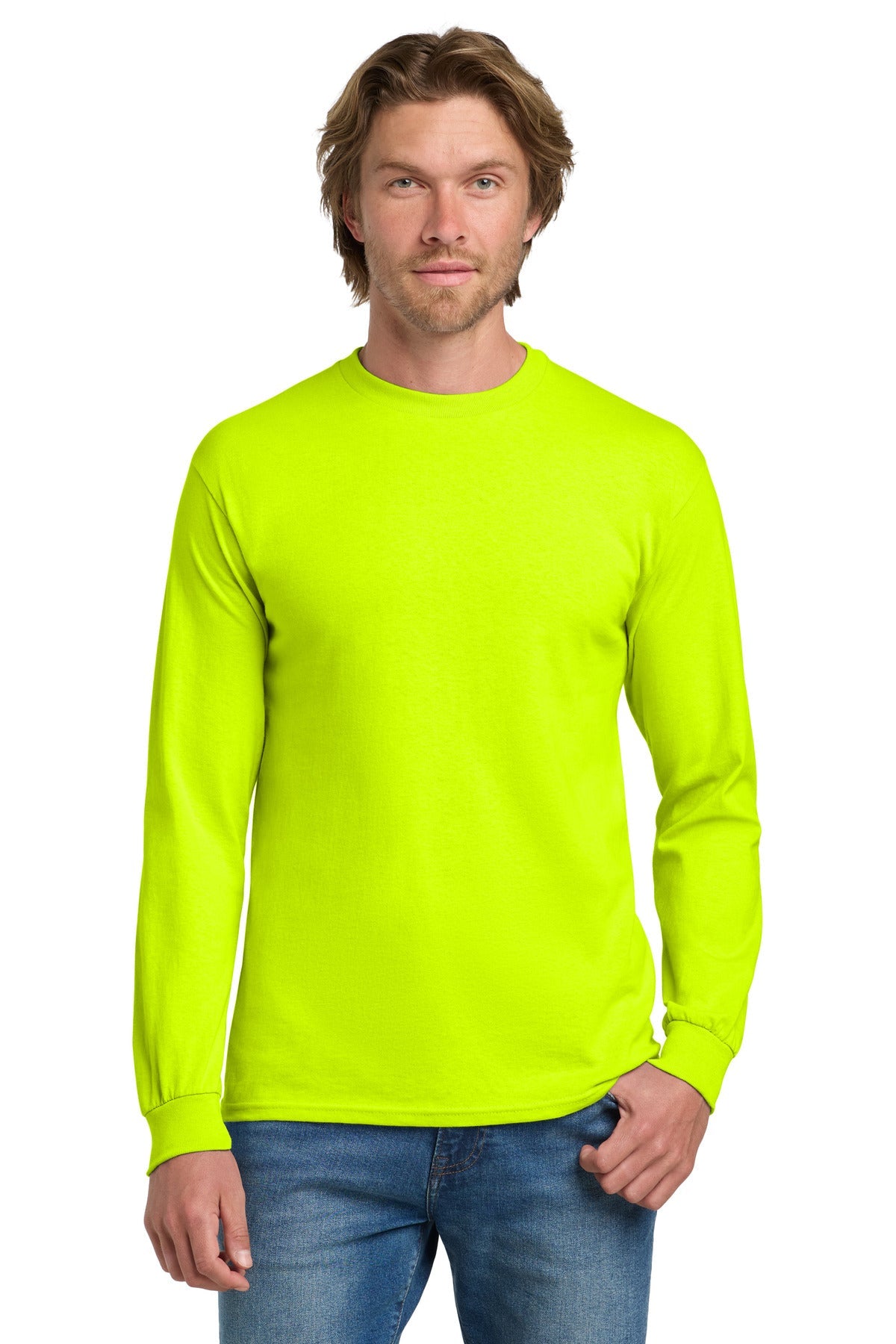 Front View of SftyGrn Gildan - Heavy Cotton 100% Cotton Long Sleeve T-Shirt. 5400