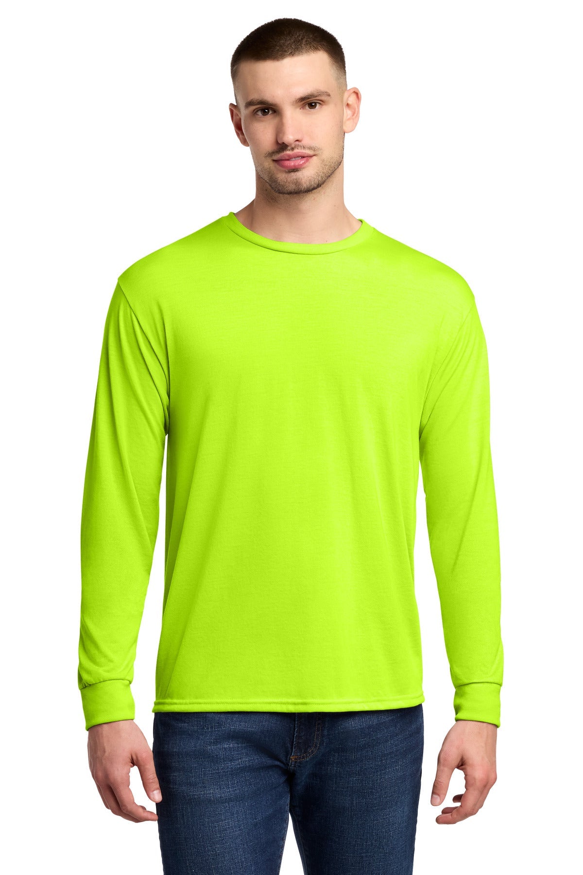 Front View of SftyGrn Jerzees Dri-Power 100% Polyester Long Sleeve T-Shirt 21LS