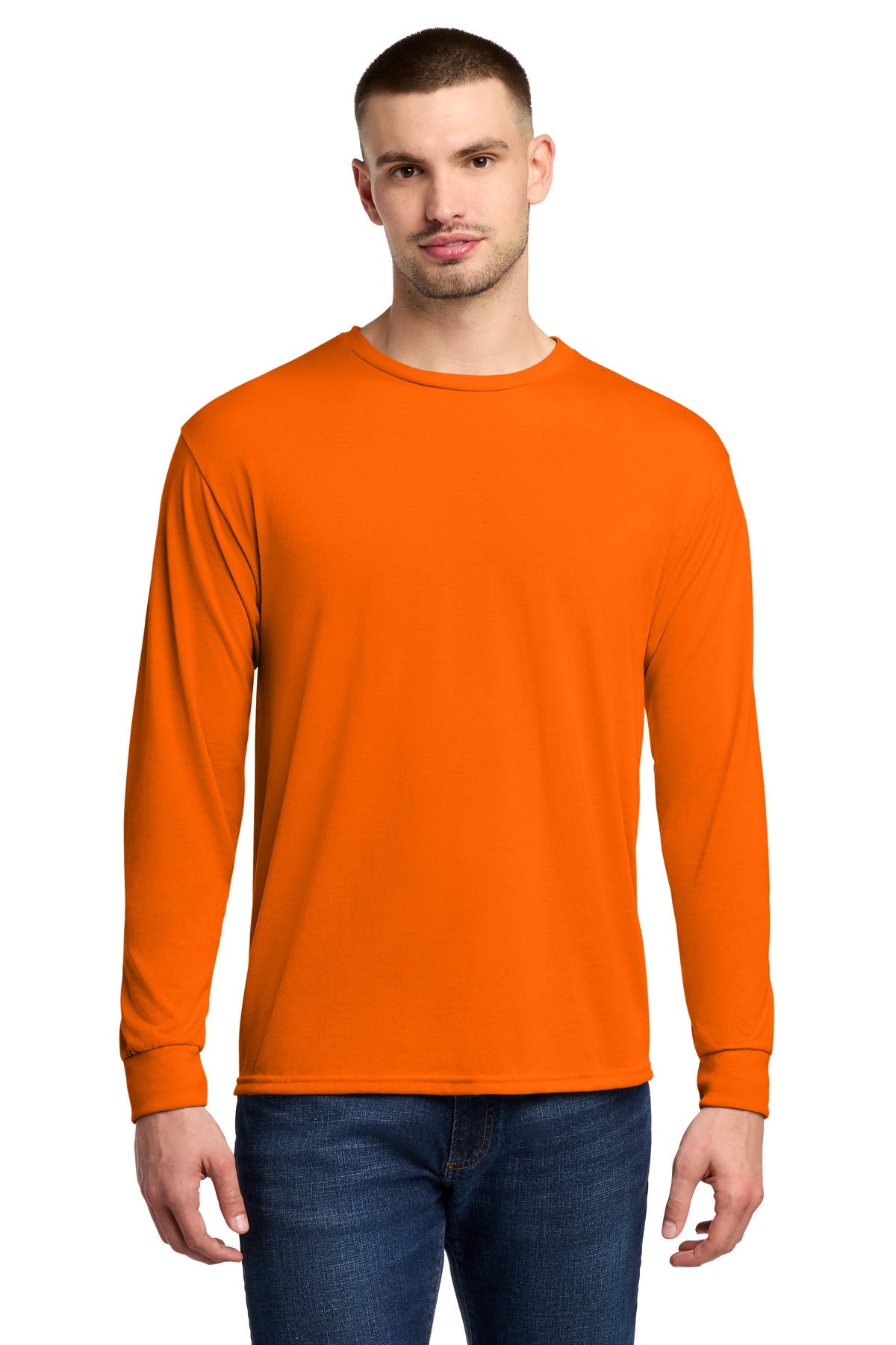 Front View of SftyOrg Jerzees Dri-Power 100% Polyester Long Sleeve T-Shirt 21LS