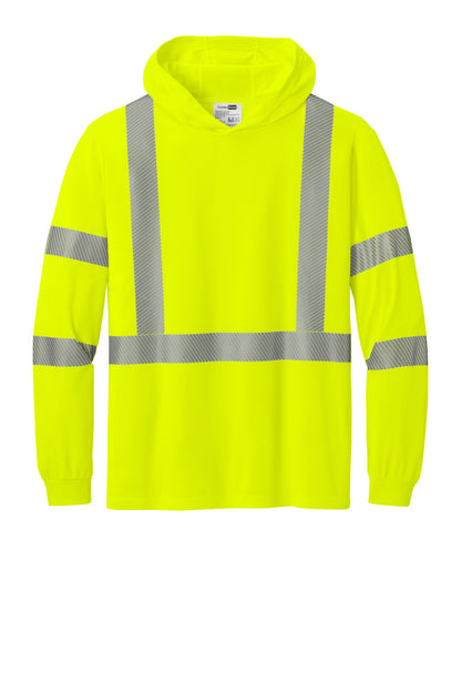 Front View of SftyYellow CornerStone ANSI 107 Class 3 Long Sleeve Segmented Tape Hooded Tee CS208