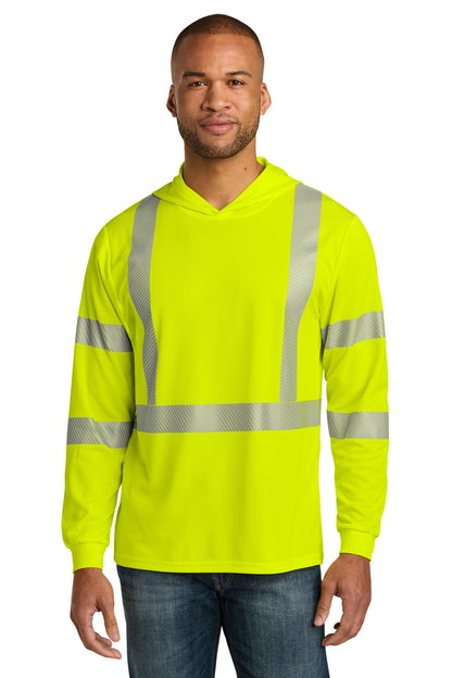 Front View of SftyYellow CornerStone ANSI 107 Class 3 Long Sleeve Segmented Tape Hooded Tee CS208