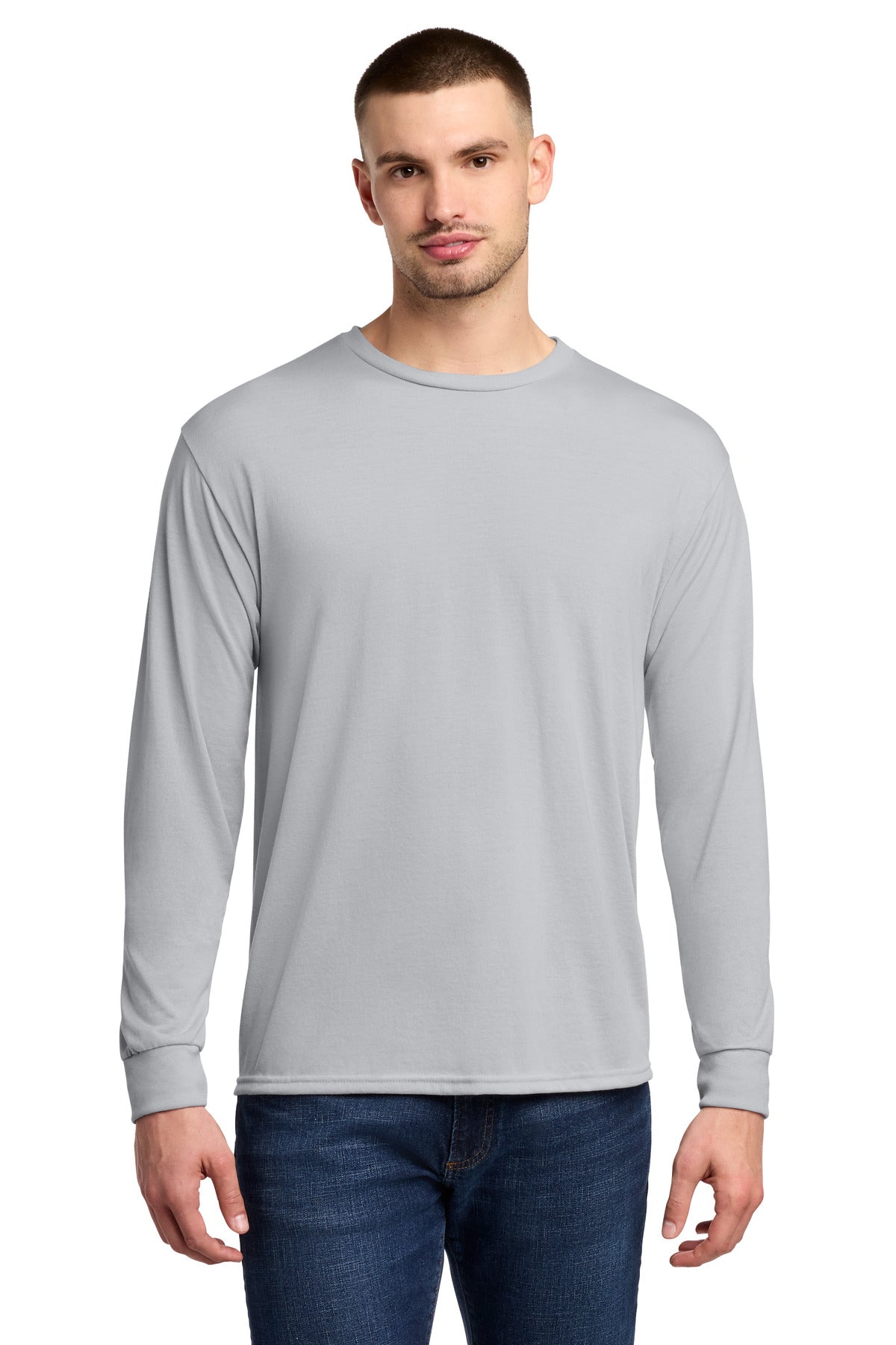 Front View of Silver Jerzees Dri-Power 100% Polyester Long Sleeve T-Shirt 21LS
