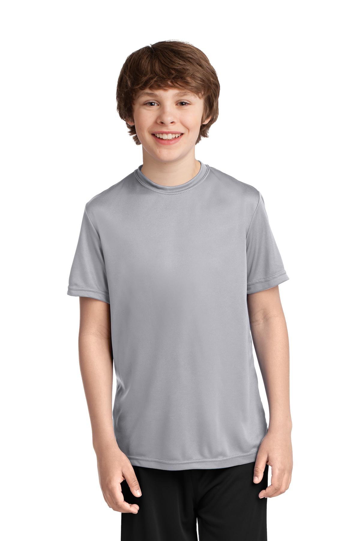 Front View of Silver Port & Co Youth Performance Tee. PC380Y