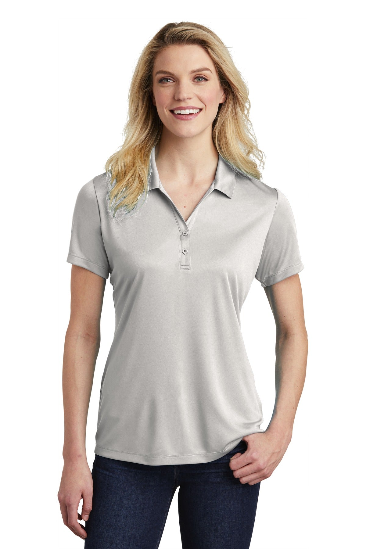 Front View of Silver Sport-Tek Women's PosiCharge Competitor Polo. LST550