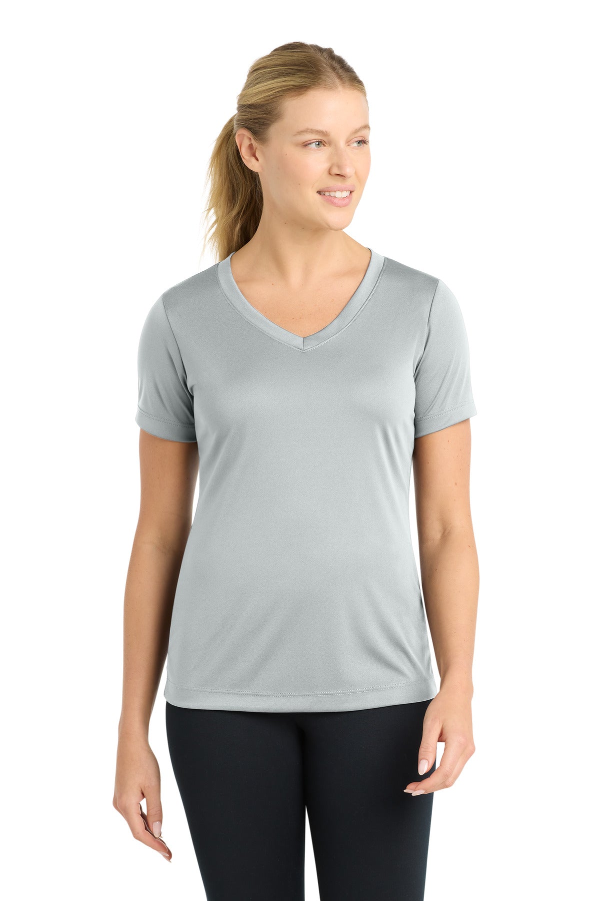 Front View of Silver Sport-Tek Women's PosiCharge Competitor V-Neck Tee. LST353
