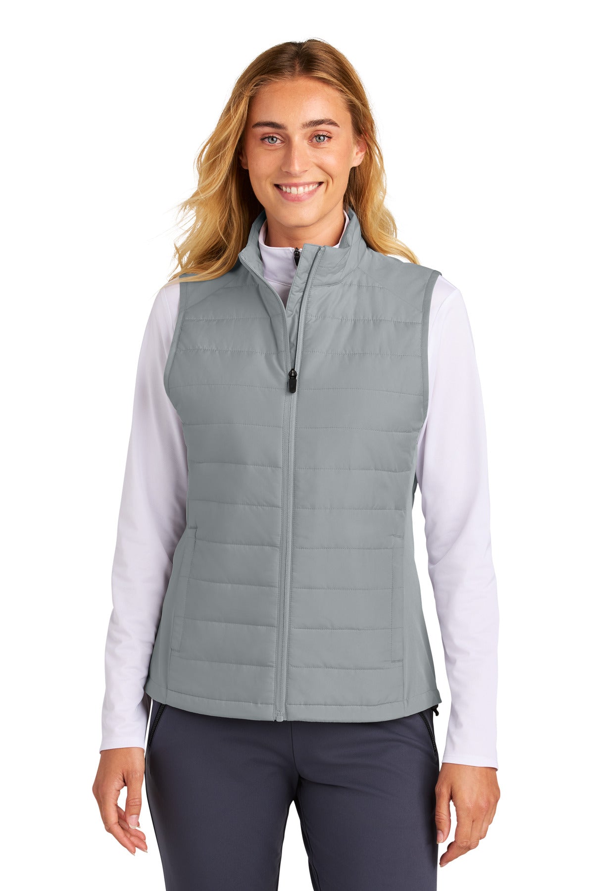Front View of Silver Sport-Tek Women's Teknical Hybrid Vest LST941
