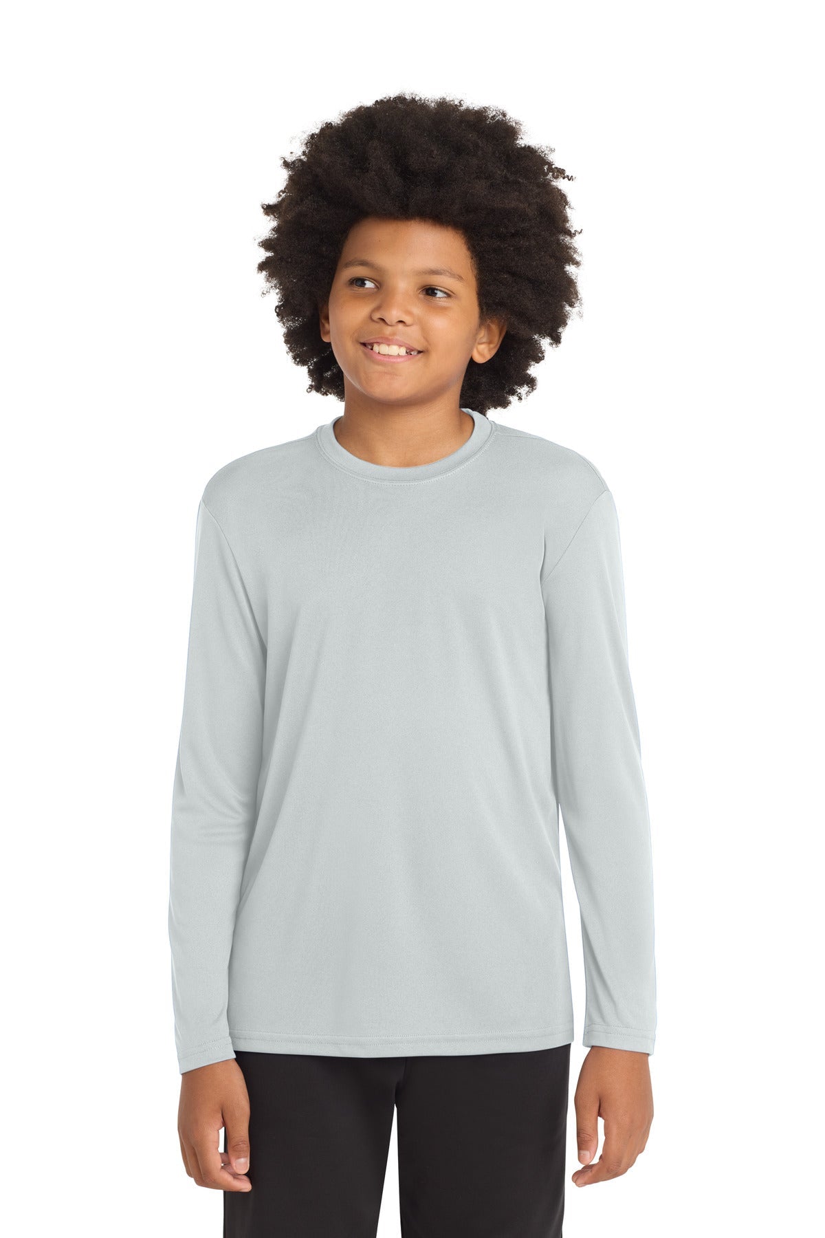 Front View of Silver Sport-Tek Youth Long Sleeve PosiCharge Competitor Tee. YST350LS