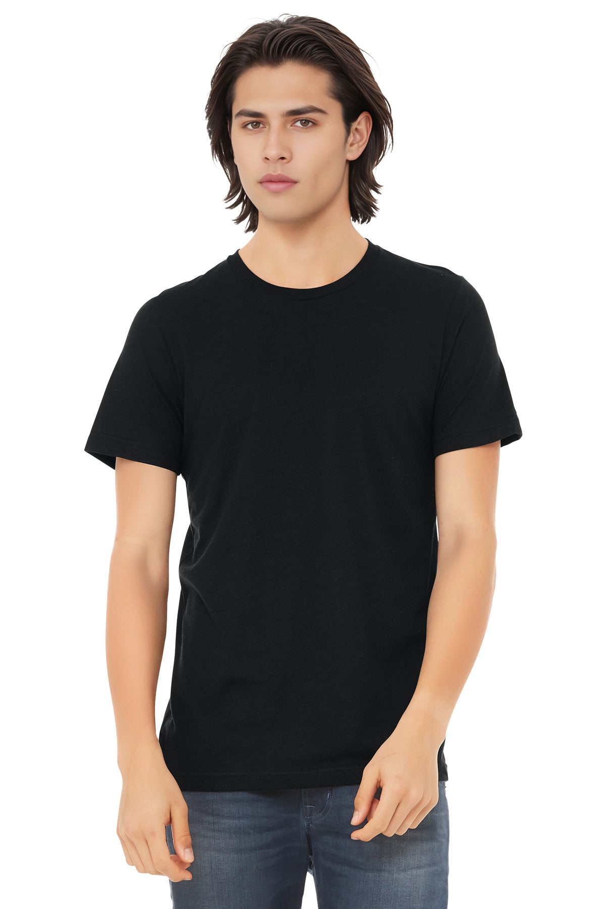 Front View of Sld Black TB BELLA+CANVAS Unisex Triblend Short Sleeve Tee. BC3413