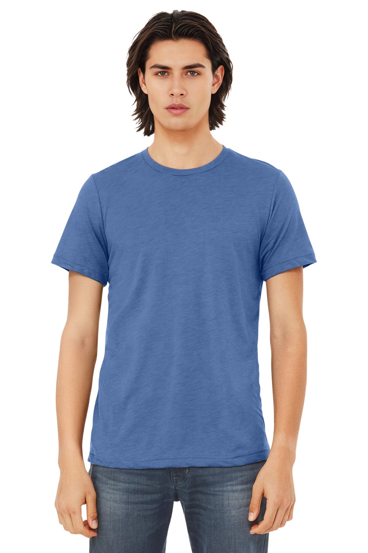 Front View of SldBlueTb BELLA+CANVAS Unisex Triblend Short Sleeve Tee. BC3413