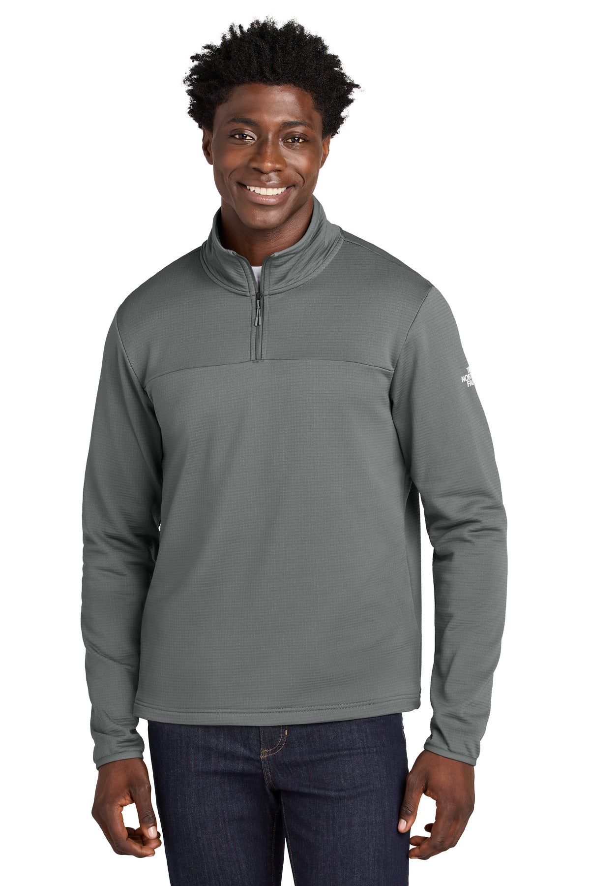 Front View of SmokedPrGy The North Face Aim 1/4-Zip Fleece NF0A8ENJ