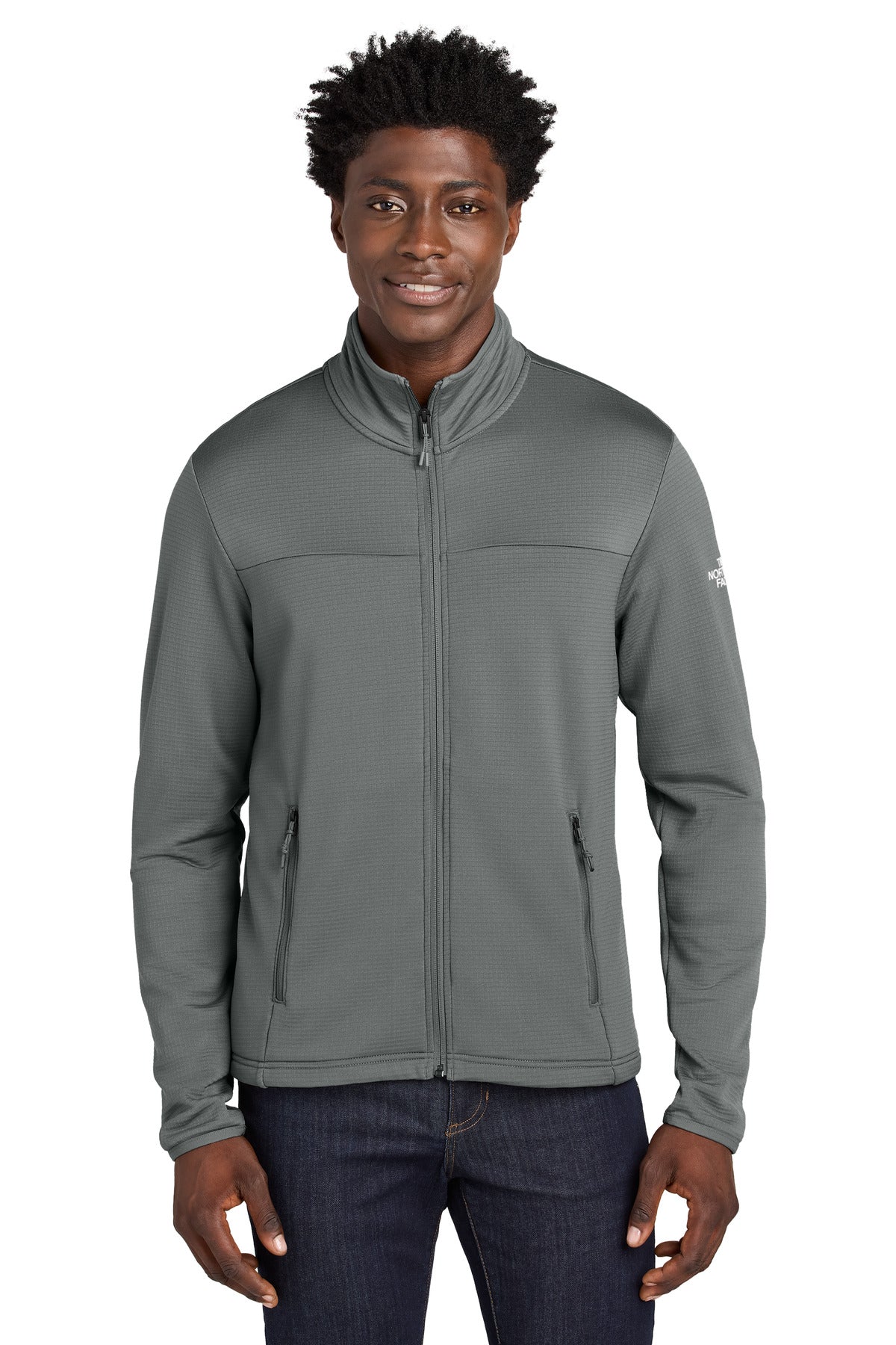 Front View of SmokedPrGy The North Face Aim Full-Zip Fleece Jacket NF0A8ENK