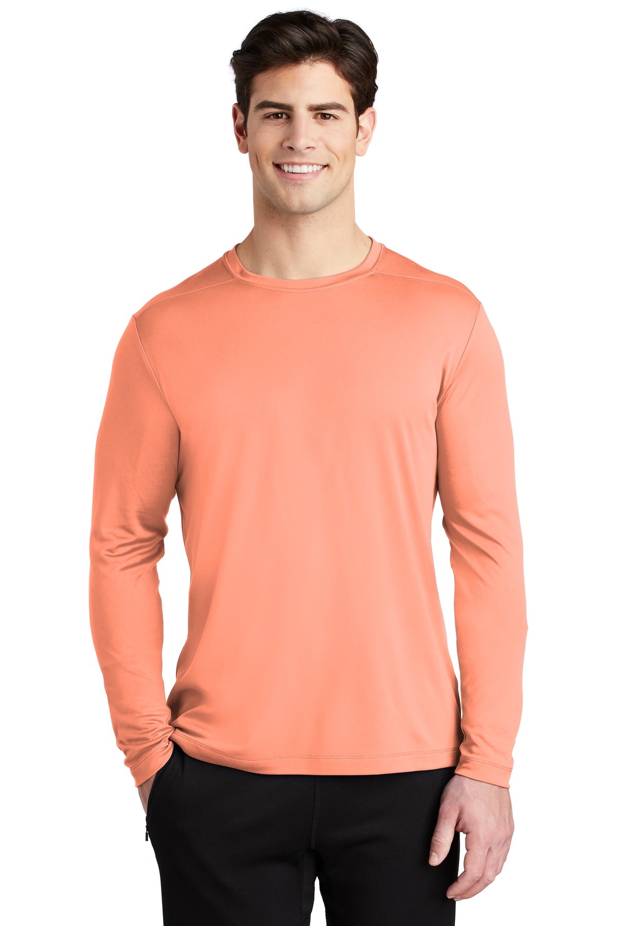 Front View of Soft Coral Sport-Tek Posi-UV Pro Long Sleeve Tee. ST420LS
