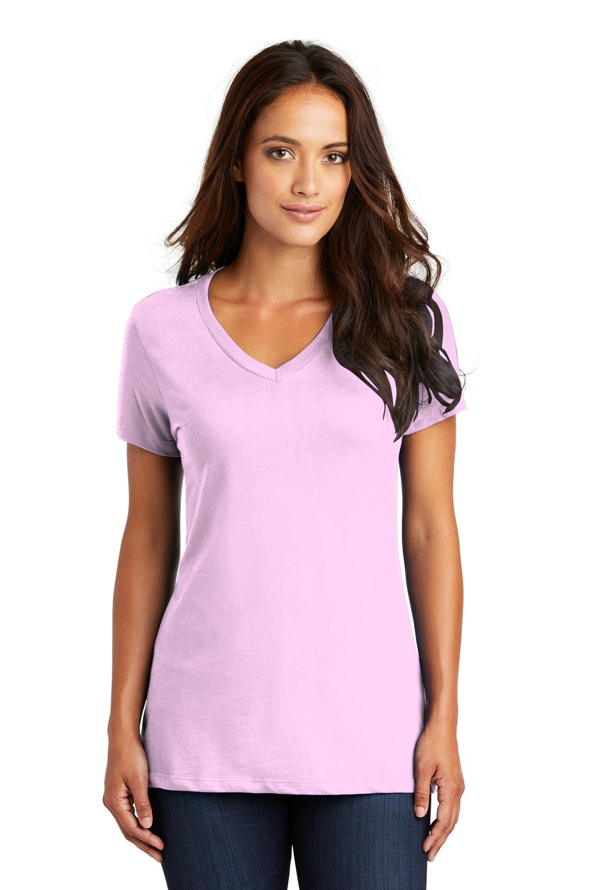 Front View of Soft Purple District - Women's Perfect Weight V-Neck Tee. DM1170L