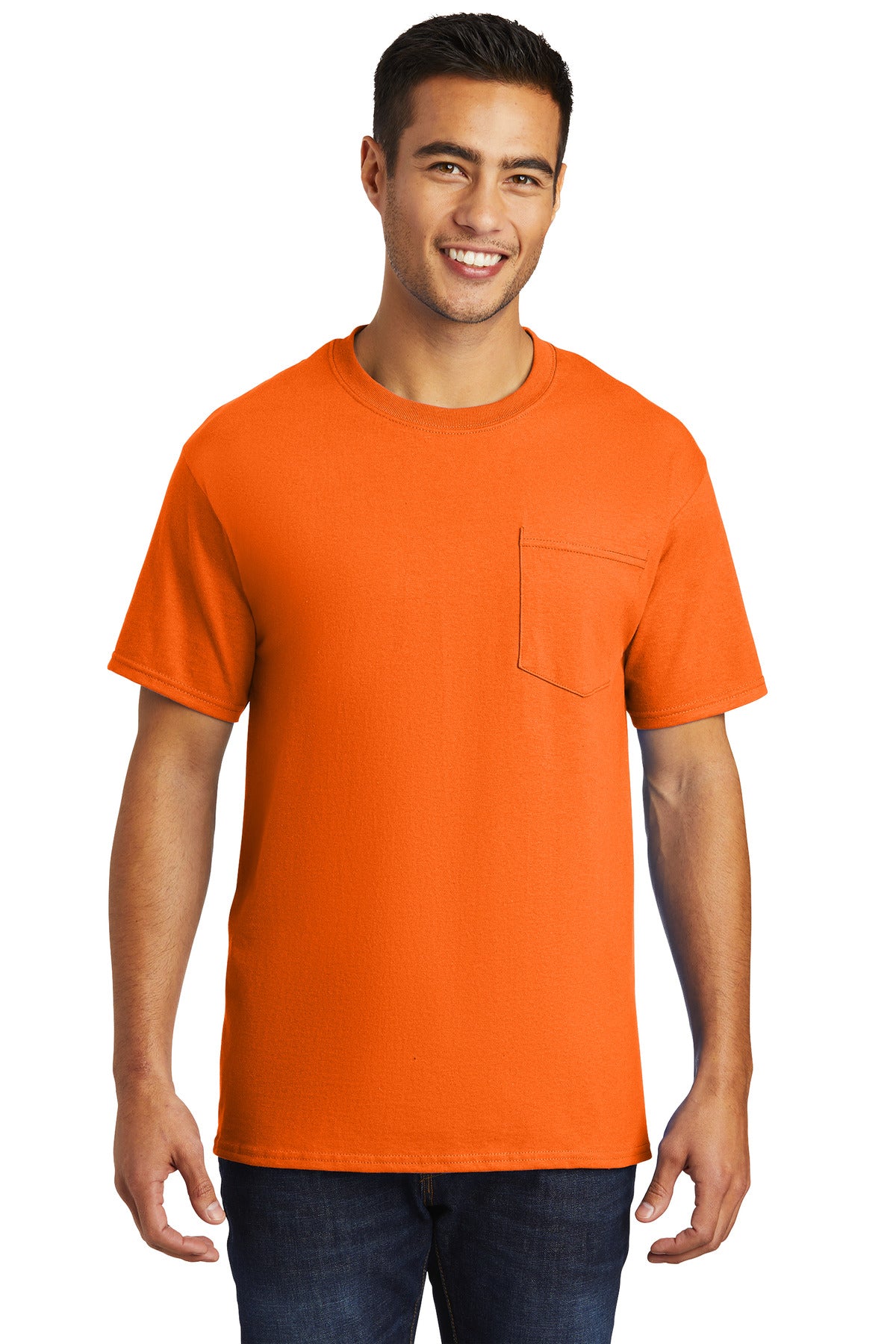 Front View of SOrange Port & Co Essential Pocket Tee. PC61P