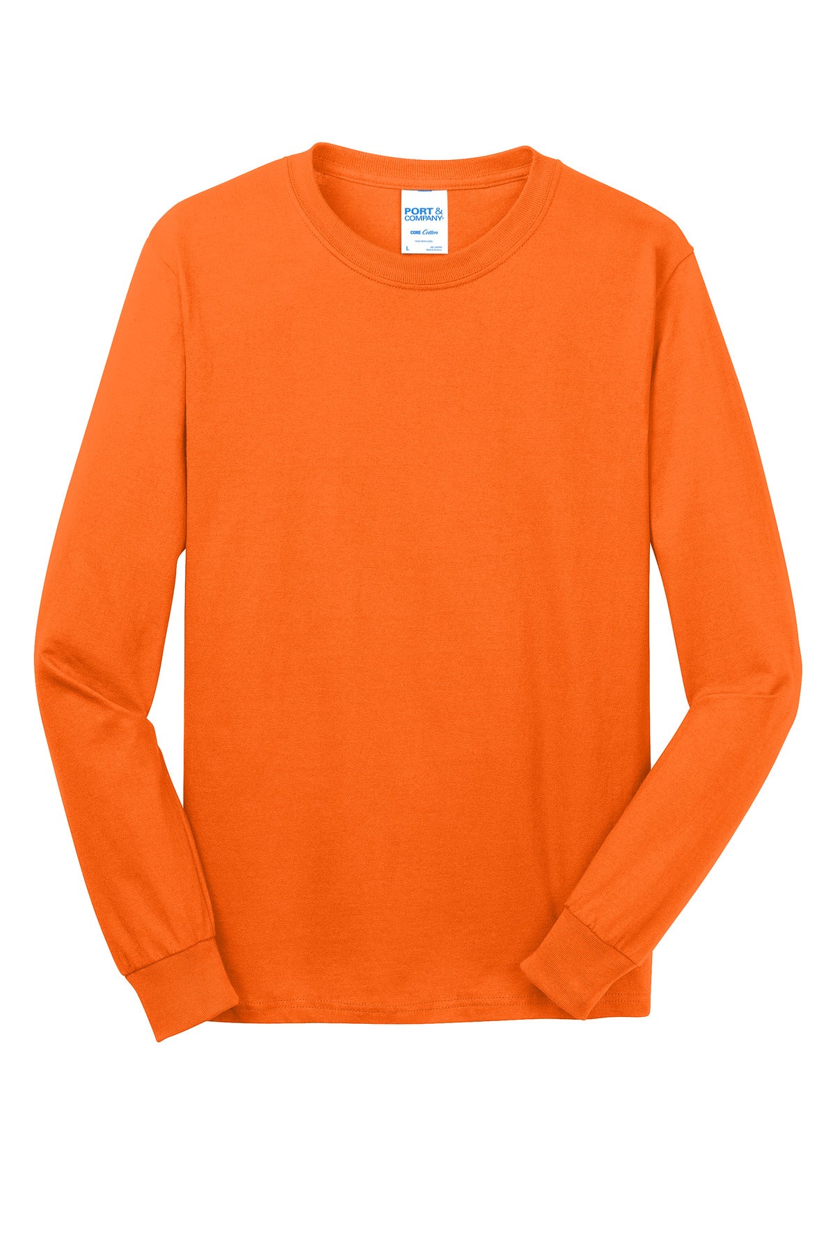 Front View of SOrange Port & Co Long Sleeve Core Cotton Tee. PC54LS