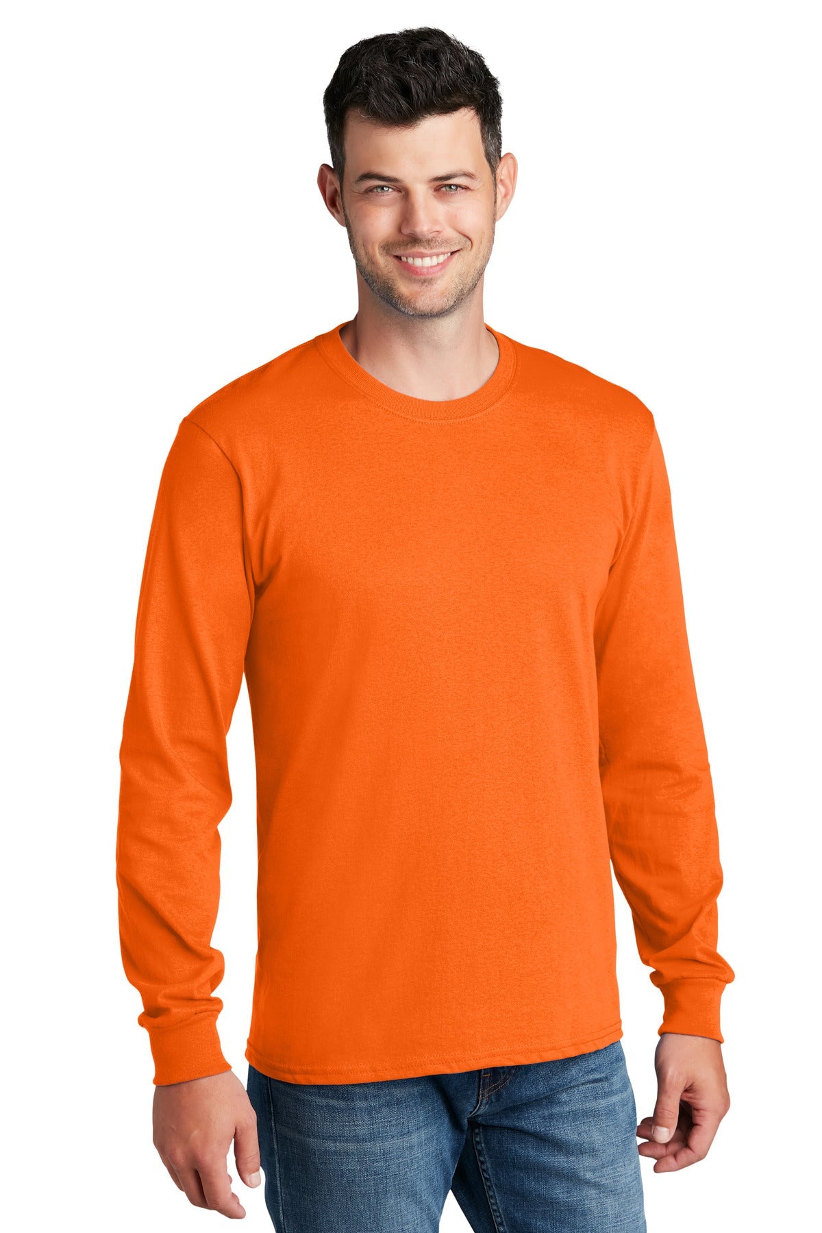 Front View of SOrange Port & Co Long Sleeve Core Cotton Tee. PC54LS