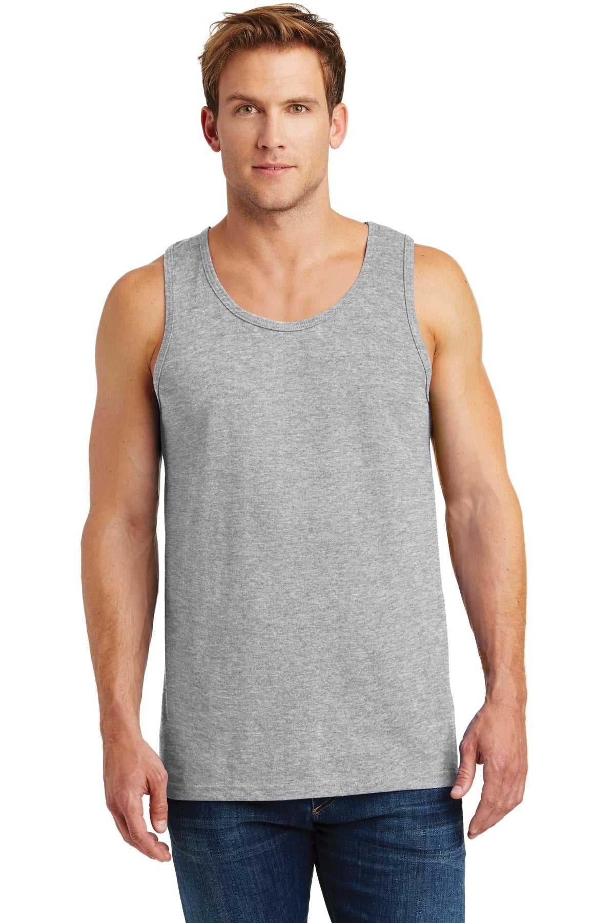 Front View of Sport Grey Gildan Heavy Cotton Tank Top. G5200