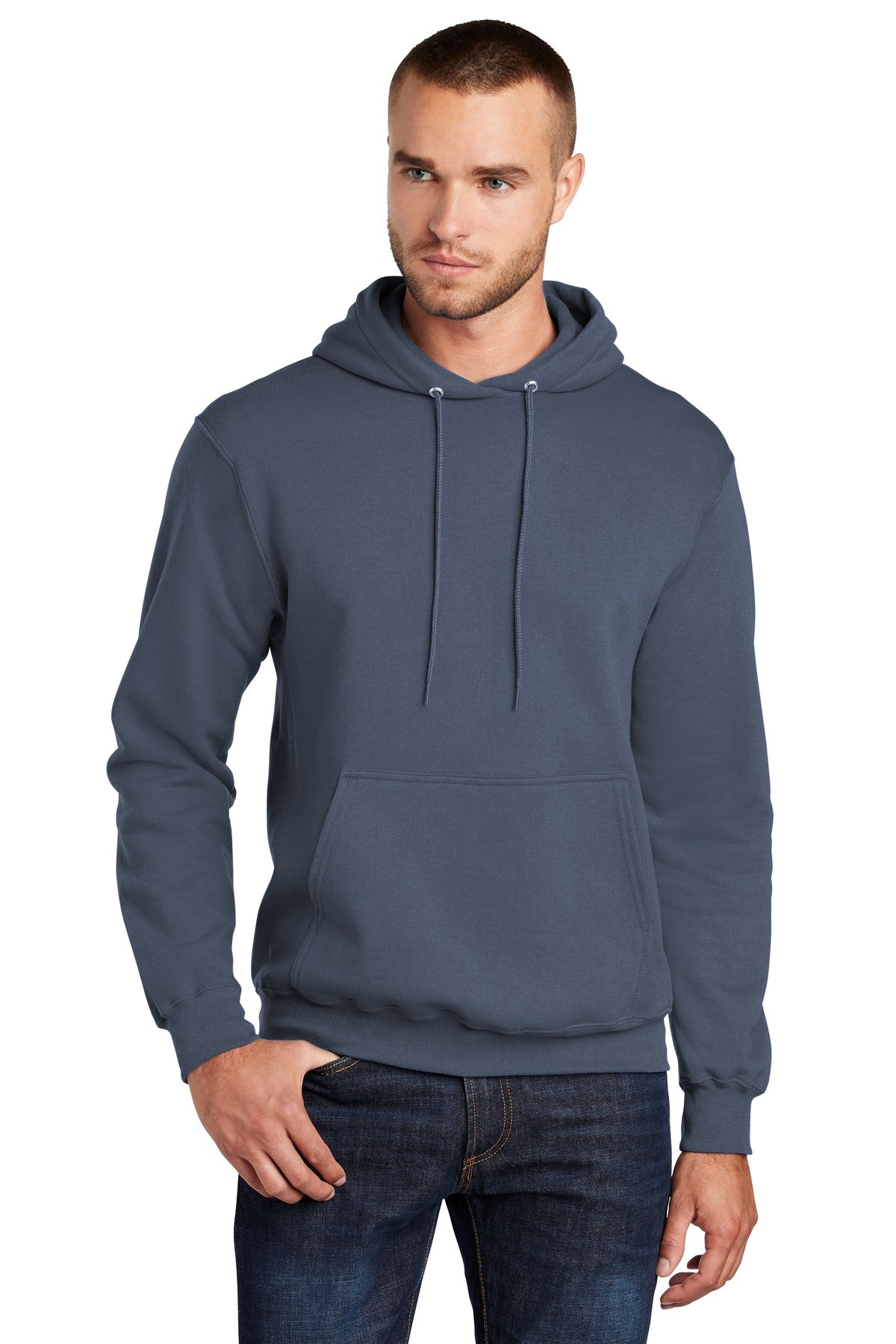 Front View of Steel Blue Port & Co Core Fleece Pullover Hooded Sweatshirt. PC78H