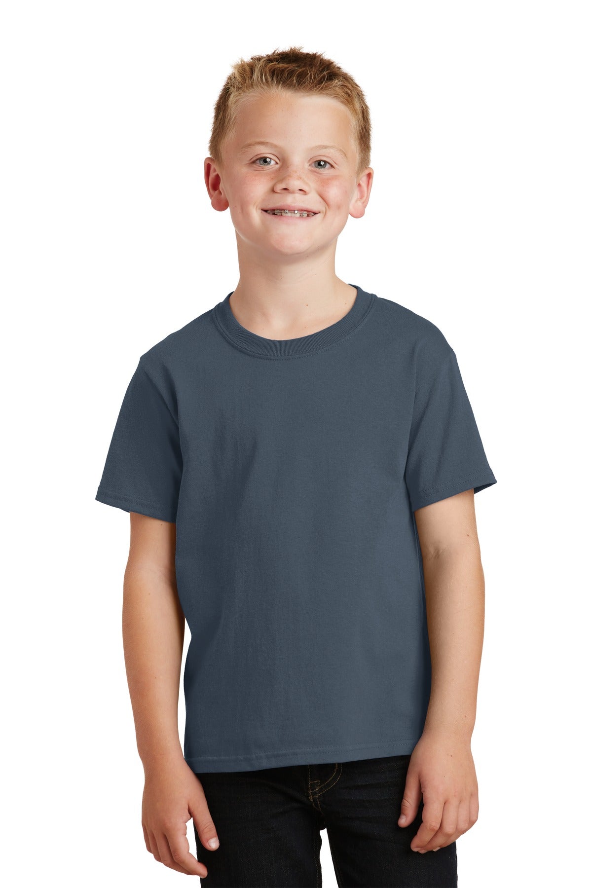 Front View of Steel Blue Port & Co Youth Core Cotton Tee. PC54Y