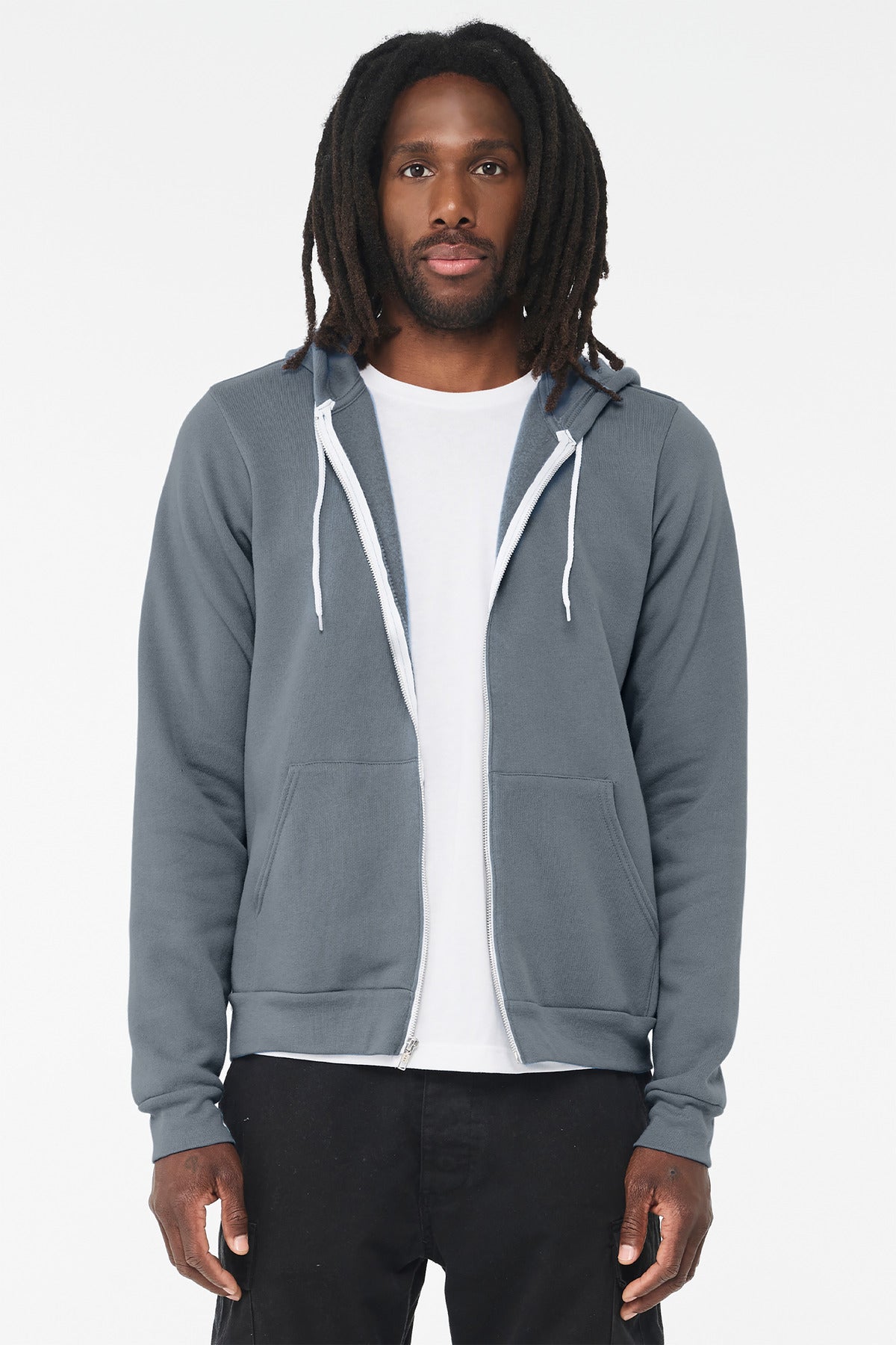 Front View of SteelBlue BELLA+CANVAS Unisex Sponge Fleece Full-Zip Hoodie. BC3739