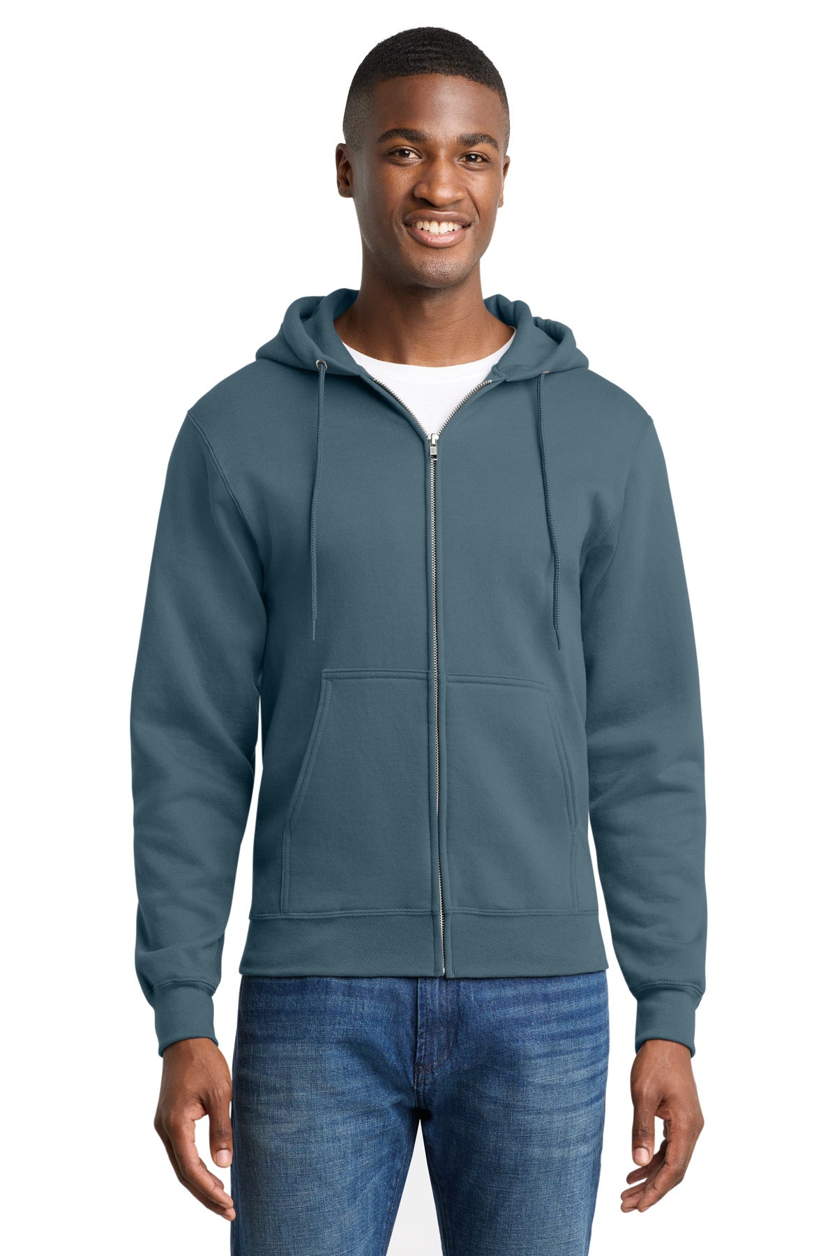 Front View of SteelBlue Port & Co Core Fleece Full-Zip Hooded Sweatshirt. PC78ZH