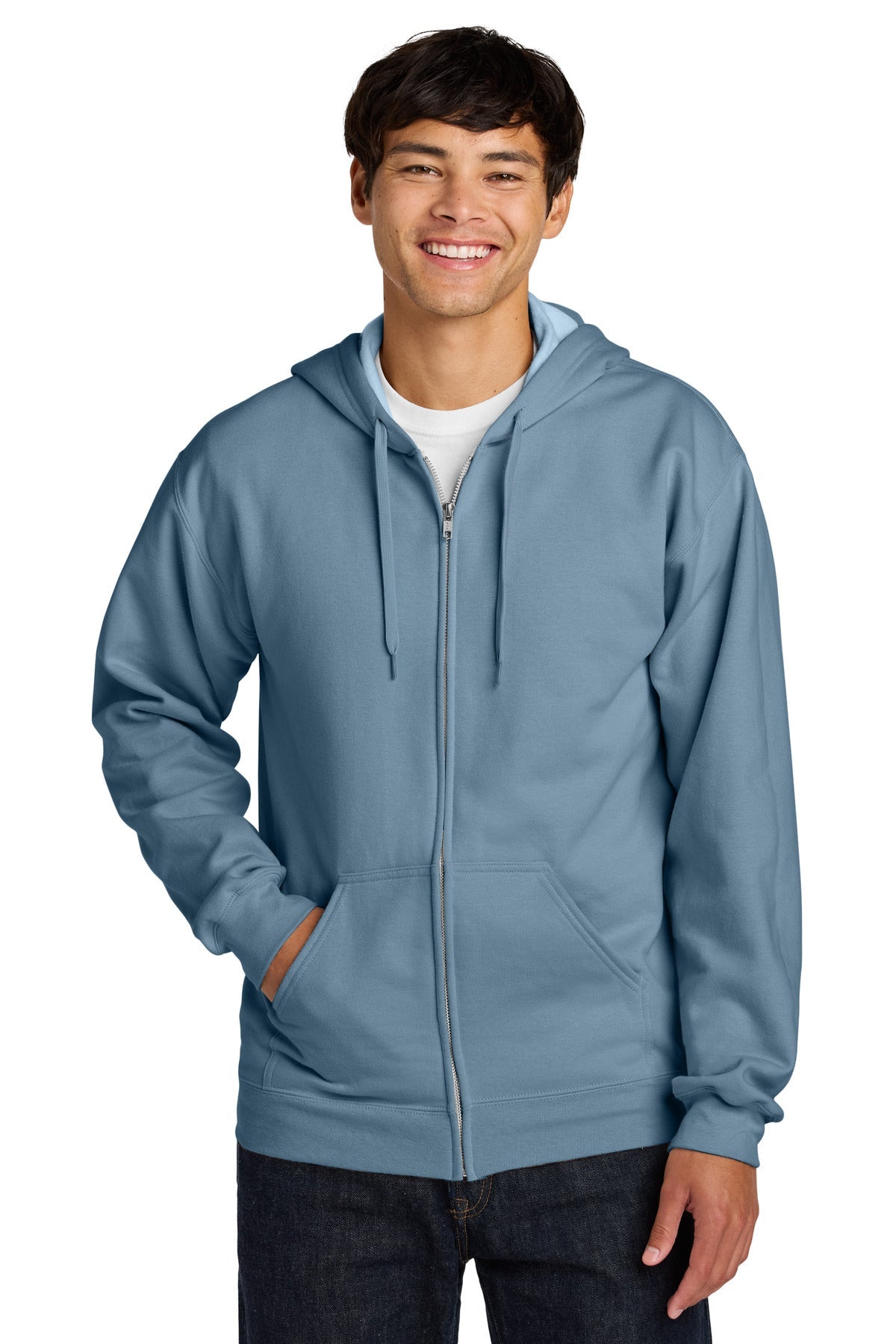 Front View of StoneBlue Gildan Softstyle Midweight Fleece Full-Zip Hooded Sweatshirt SF600