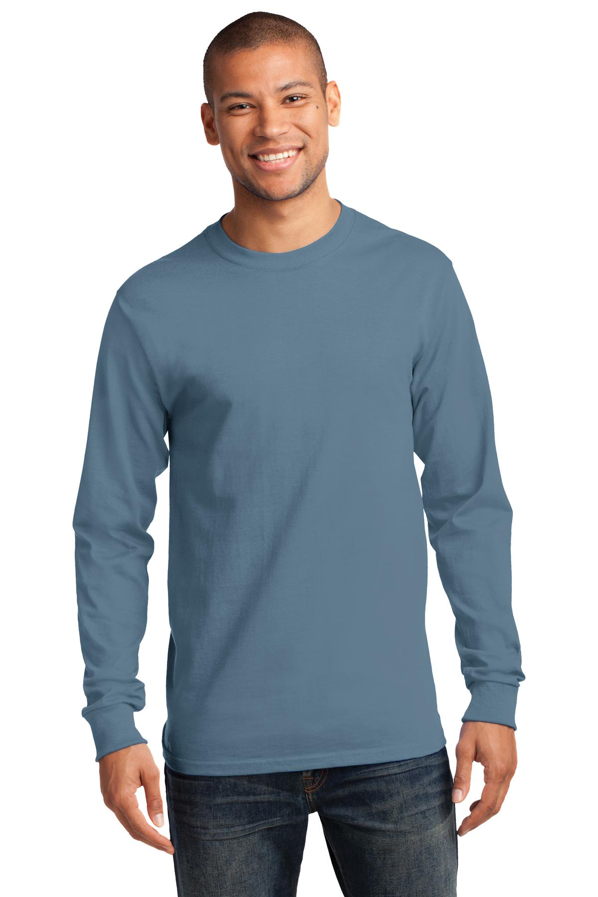 Front View of Stonewash Blue Port & Co Long Sleeve Essential Tee. PC61LS