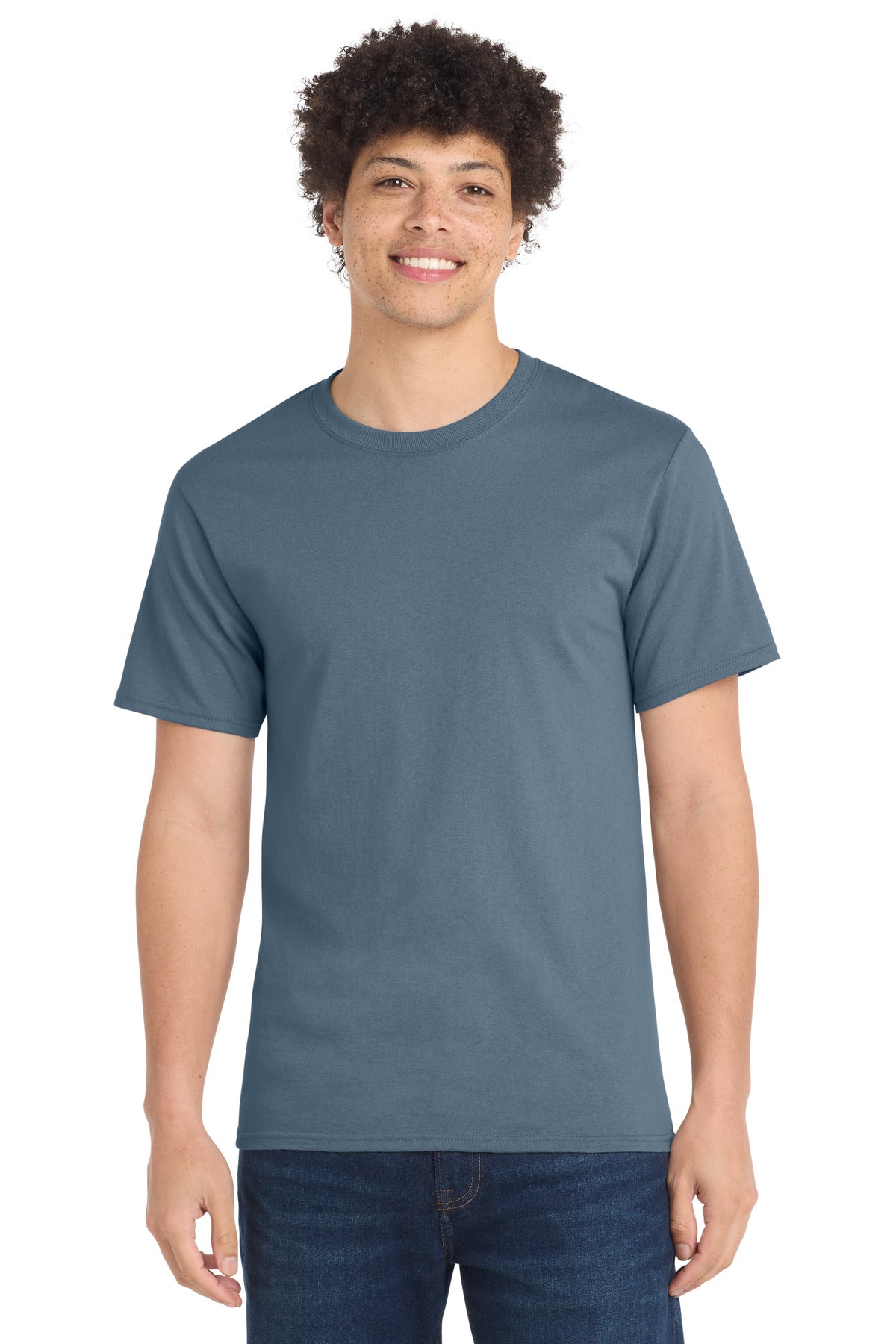 Front View of Stonewshd Blue Port & Co Tall Essential Tee. PC61T