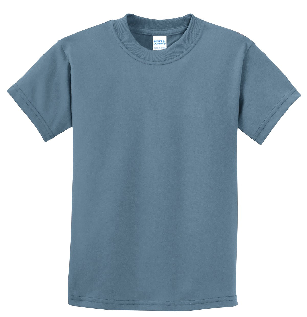 Front View of Stonewshd Blue Port & Co Youth Essential Tee. PC61Y