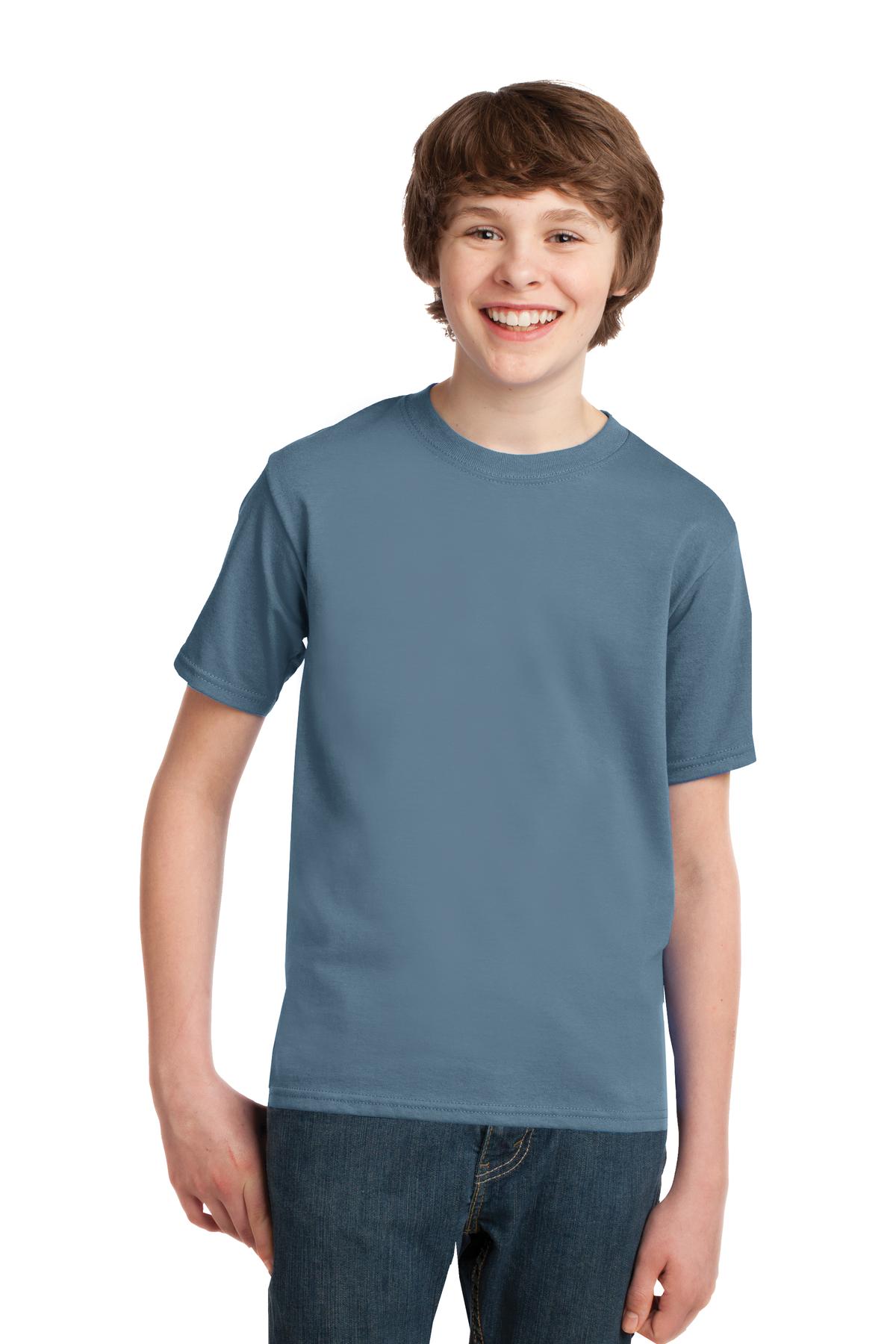 Front View of Stonewshd Blue Port & Co Youth Essential Tee. PC61Y