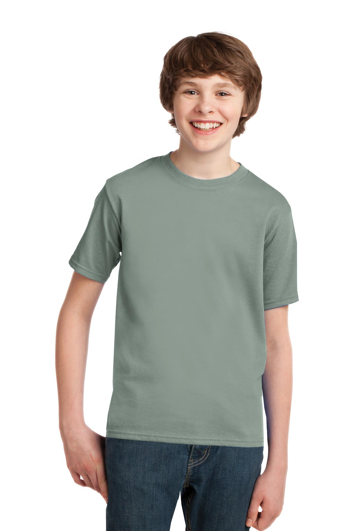 Front View of Stonewshd Grn Port & Co Youth Essential Tee. PC61Y