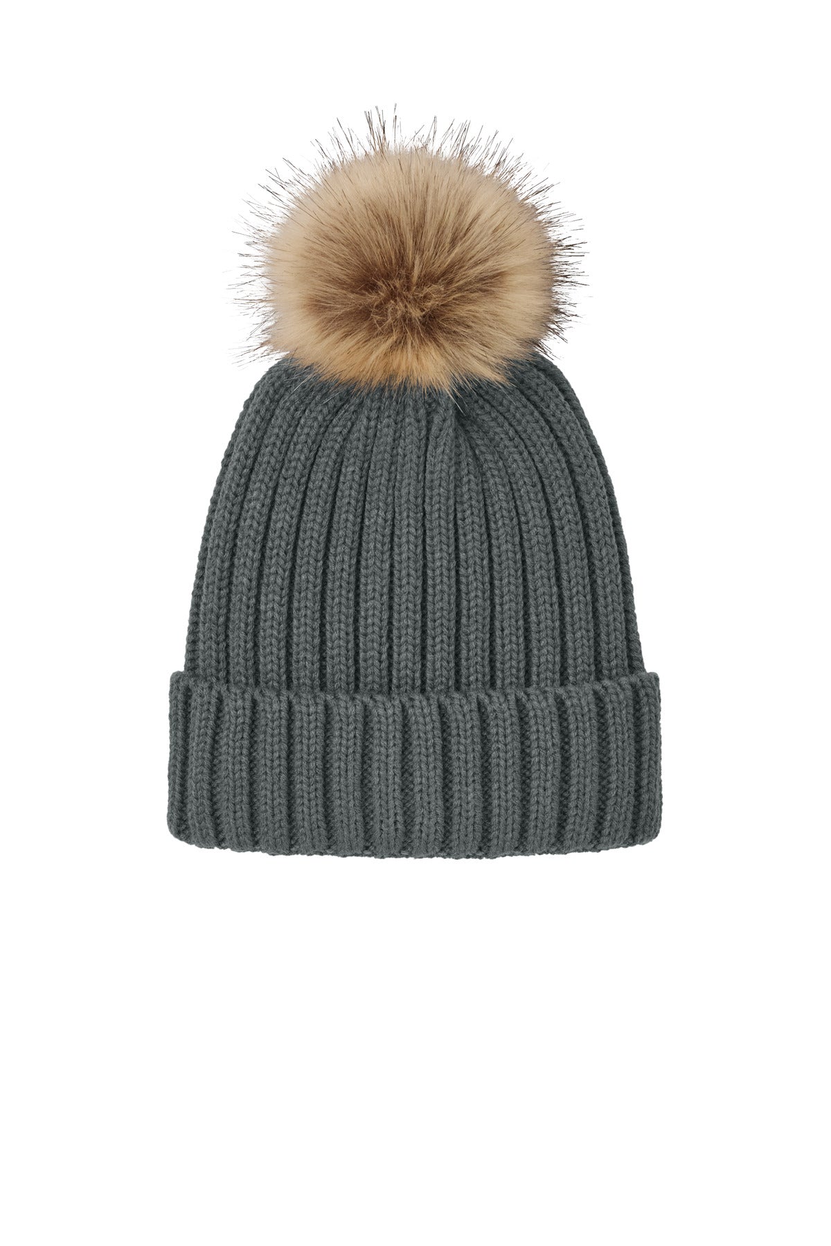 Front View of StormGrey Port Authority Faux Fur Pom Beanie C990