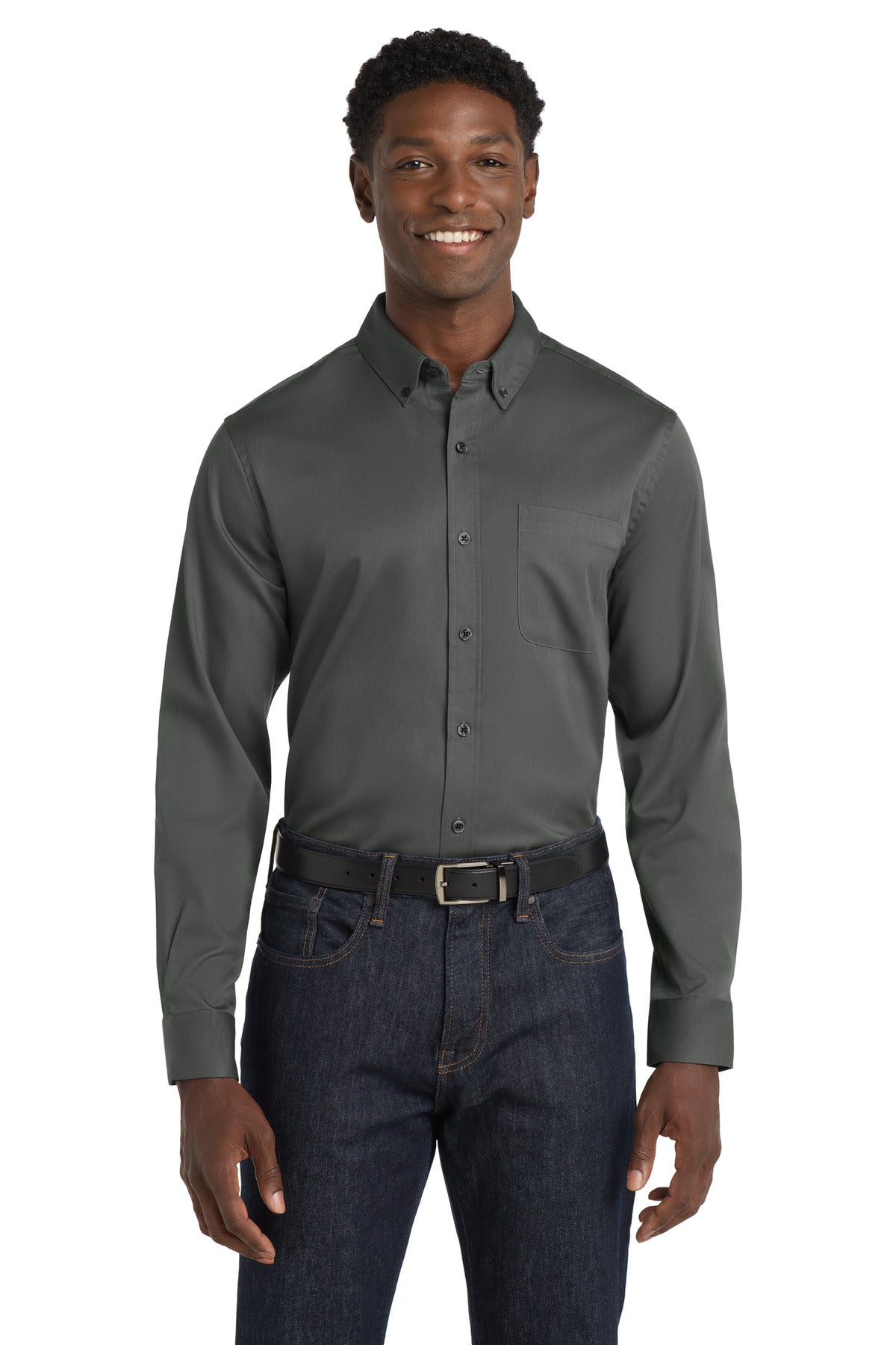 Front View of StormGrey Port Authority Long Sleeve SuperPro React Twill Shirt. W808