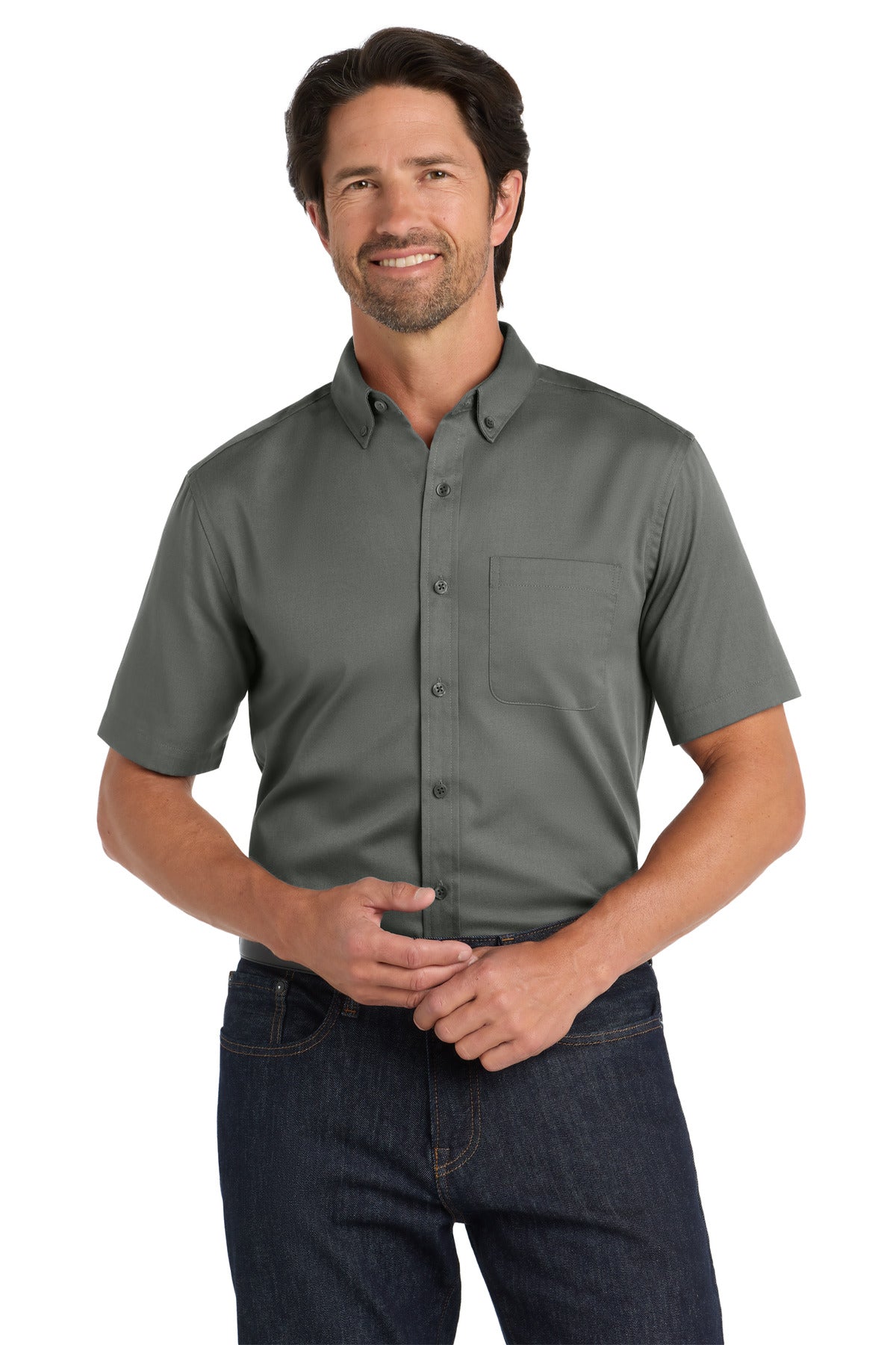 Front View of StormGrey Port Authority Short Sleeve SuperPro React Twill Shirt. W809