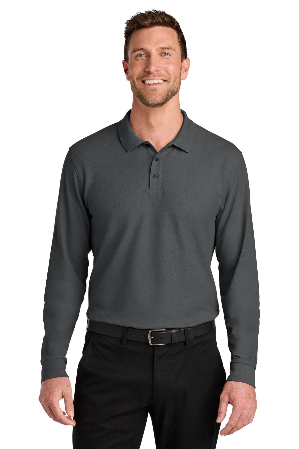 Front View of StormGrey Port Authority Wearever Signature Pique Long Sleeve Polo K200LS